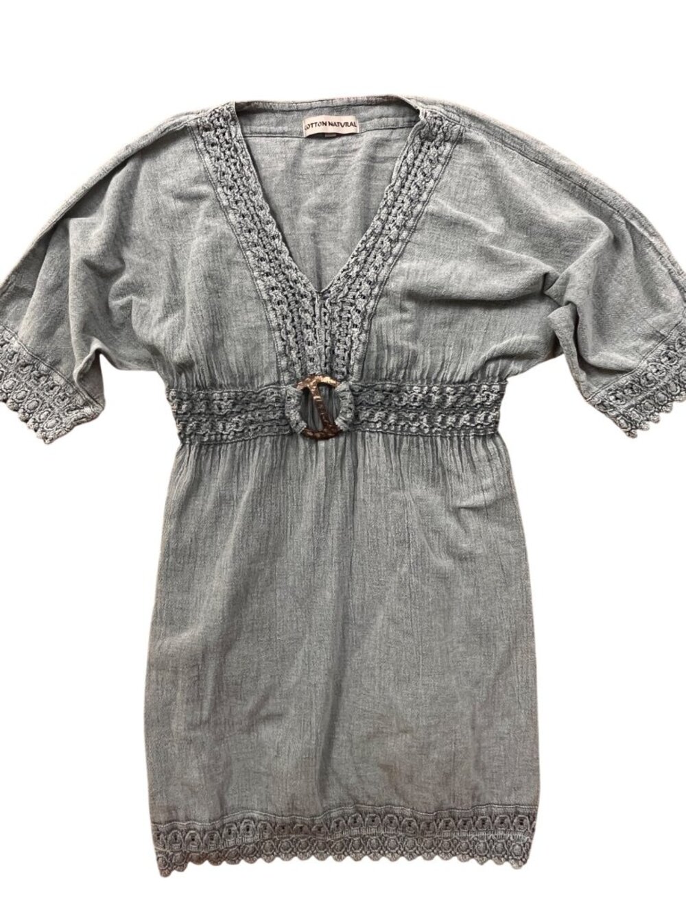 Cotton Natural Crochet Mini Dress Womens Small Blue Boho-Chic Coastal Resortwear